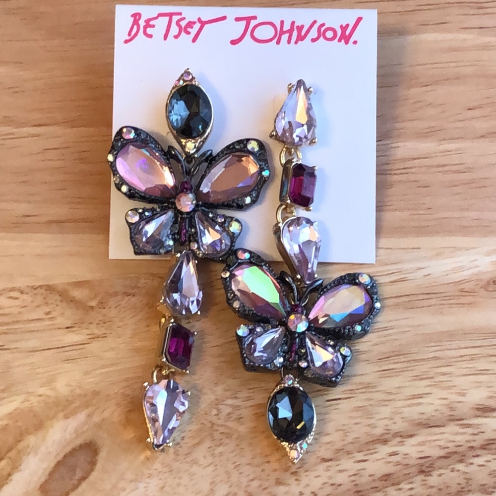Betsey Johnson Hematite & Gold Tone Mismatch Crystal Butterfly Drop Earrings NWT